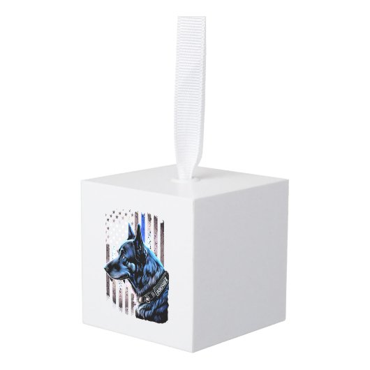 K9ドイツ羊飼い警察犬シンブルーライン国旗 キューブオーナメント (正面アングル)