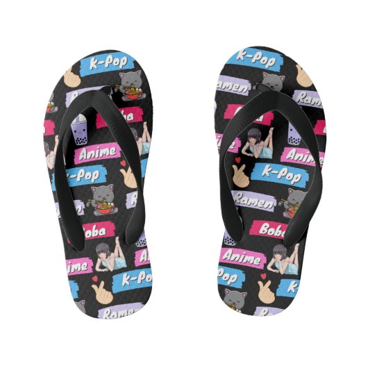 K-ポップ・アートの、ラーメン、ボバ、アニメ文化ファポップ・アートのン キッズビーチサンダル (フットベッド)