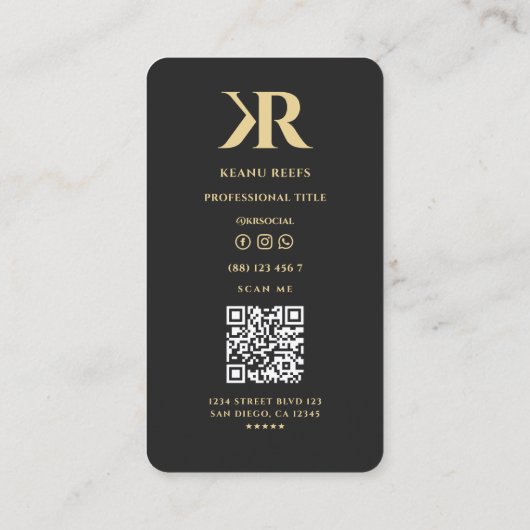 K モダン Rロゴイニシャルモノグラムブラック金ゴールド 名刺 (裏面)