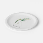 K モノグラム ゴールド グリーンの葉 エレガントな名前 ペーパープレート (アングル)