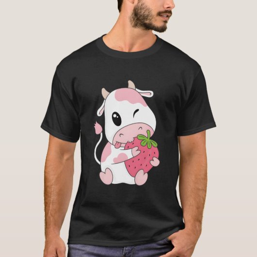 K Strawberry Cow Print Kawaii Animal Tシャツ (正面)