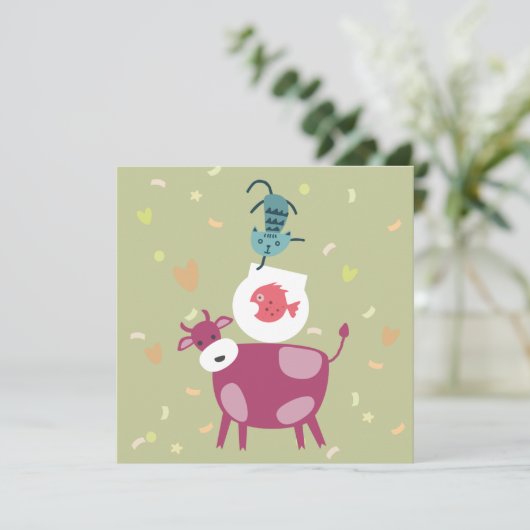 kaart beterschap, tekening koe, vis in kom  カード (スタンド正面)