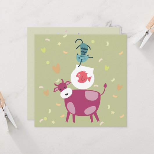 kaart beterschap, tekening koe, vis in kom  カード (正面/裏面インサイチュ)