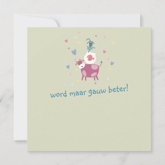 kaart beterschap, tekening koe, vis in kom  カード (裏面)