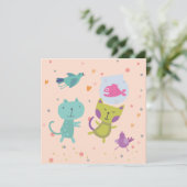 kaart felicitatie tekening 2 poezen en vis  カード (スタンド正面)