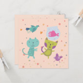 kaart felicitatie tekening 2 poezen en vis  カード (正面/裏面インサイチュ)