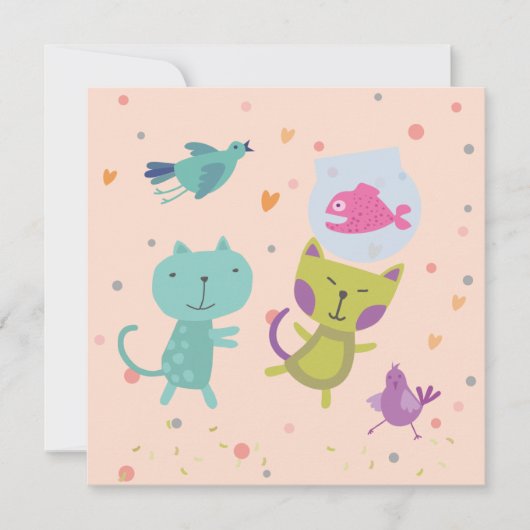 kaart felicitatie tekening 2 poezen en vis  カード (正面)