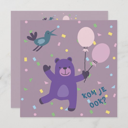  kaart uitnodiging beertje met ballon (正面/裏面)