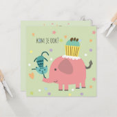 kaart uitnodiging feestje olifantje poes en taart カード (正面/裏面インサイチュ)