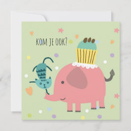 kaart uitnodiging feestje olifantje poes en taart カード