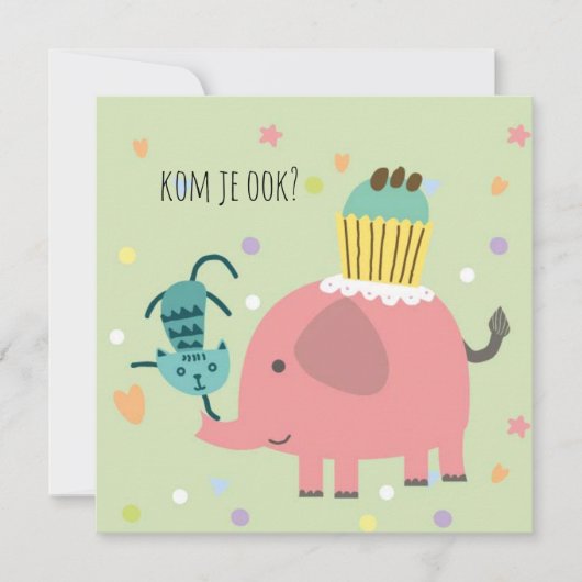 kaart uitnodiging feestje olifantje poes en taart カード (正面)
