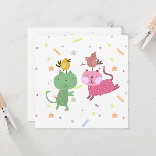 kaart verjaardag 2 poezen 2 vogeltjes カード (正面/裏面インサイチュ)