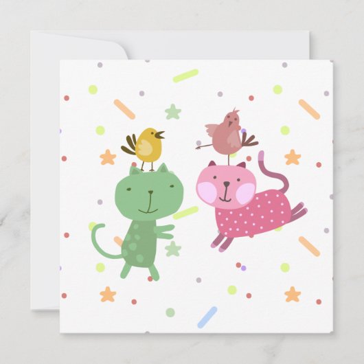 kaart verjaardag 2 poezen 2 vogeltjes カード (正面)