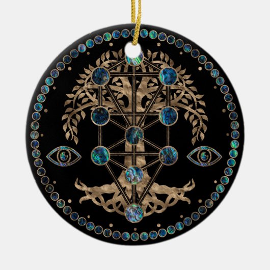 Kabbalah生命の木アワビと金ゴールド セラミックオーナメント (正面)