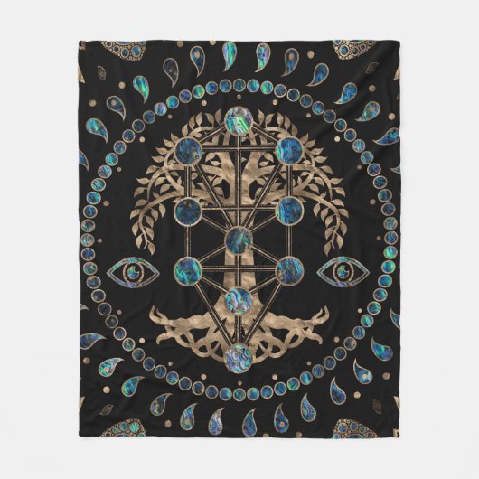 Kabbalah生命の木アワビと金ゴールド フリースブランケット (正面)