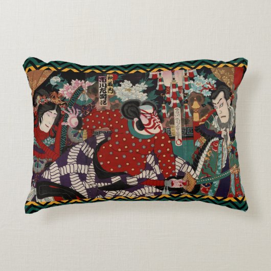 Kabukiの武士の戦士Woodblock アクセントクッション (正面)