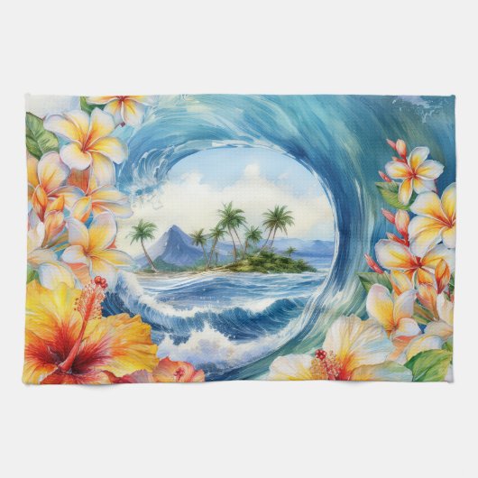 Kai Aloha Hibiscus Watercolor Wave Reversible キッチンタオル (横)