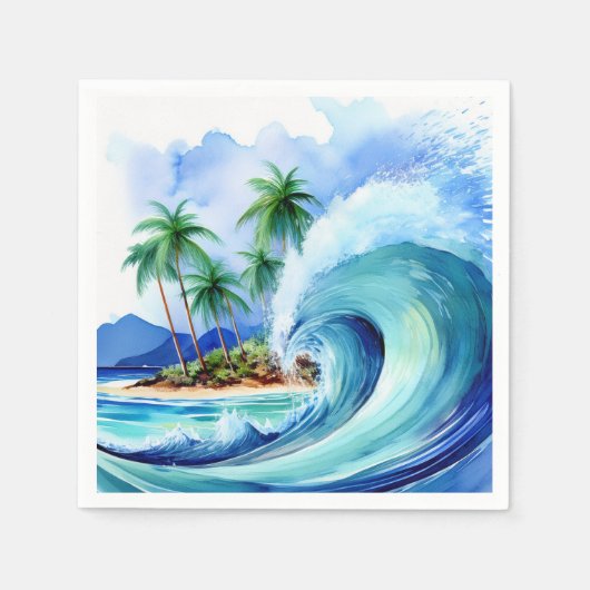 Kai Aloha Island Watercolor Wave スタンダードカクテルナプキン (正面)
