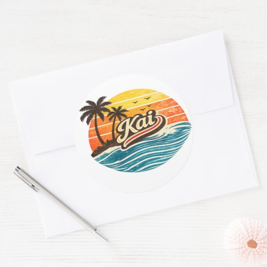 Kai Retro Sunset Name Design ラウンドシール (封筒)