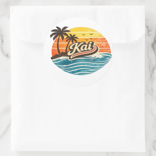 Kai Retro Sunset Name Design ラウンドシール (バッグ)