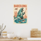 Kaiju Invasion Barcelona – Vintage Sci-Fi Art ポスター (キッチン)