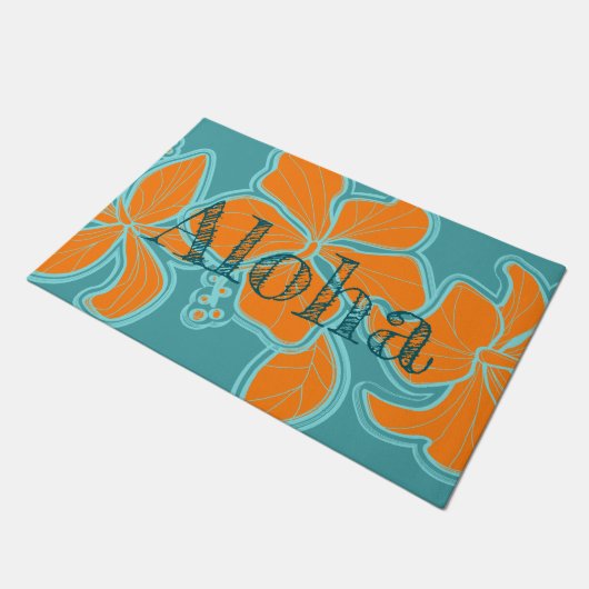 Kailuaのハイビスカスのハワイの花柄のアロハティール(緑がかった色) ドアマット (アングル)