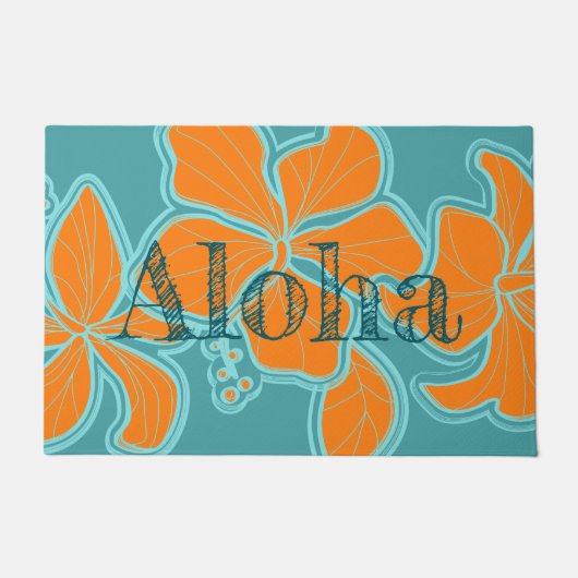 Kailuaのハイビスカスのハワイの花柄のアロハティール（緑がかった色） ドアマット (正面)