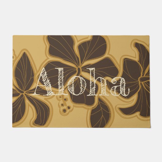 Kailuaのハイビスカスのハワイの花柄のアロハ金ゴールド ドアマット (正面)