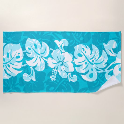 Kalakauaのボーダーハワイのハイビスカス-ターコイズ ビーチタオル (正面)