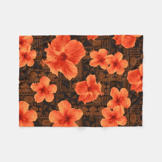 Kalalauの樹皮布の熱帯ハワイのハイビスカス フリースブランケット (正面(横))