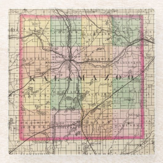 Kalamazoo郡、ミシガン州の地図 ガラスコースター (正面)