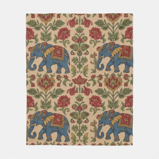 Kalamkari Floral Elephant – Traditional Indian Fol フリースブランケット (正面)