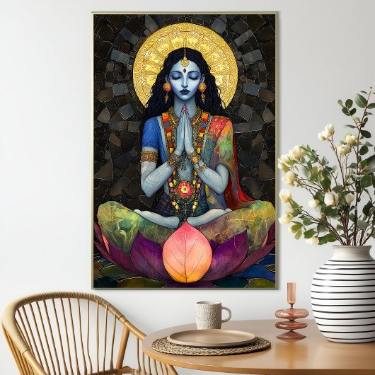 Kali in Meditation: Mosaic Blue Gold Goddess Art ポスター