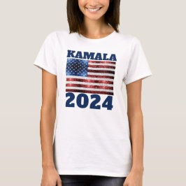 KAMALA 2024アメリカ国旗の青い赤い輝フェイクく文字 Tシャツ