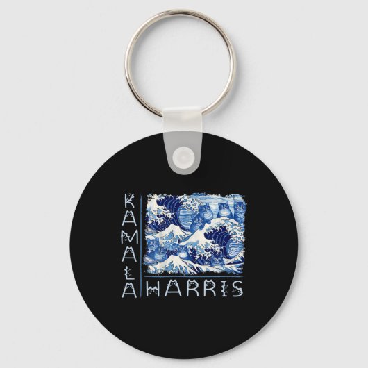 Kamala Harris向けの可愛い青い猫の波おもしろい キーホルダー (正面)