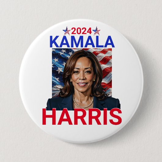 Kamala Harris 2024赤、白、青 缶バッジ (正面)