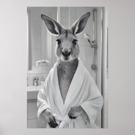 Kangaroo in Bathrobe Print, Funny Animal Bathroom ポスター (正面)