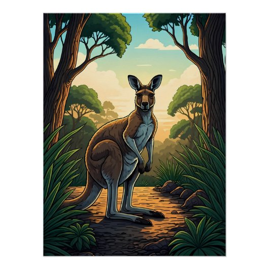 Kangaroo in Sunlit Forest ポスター (正面)