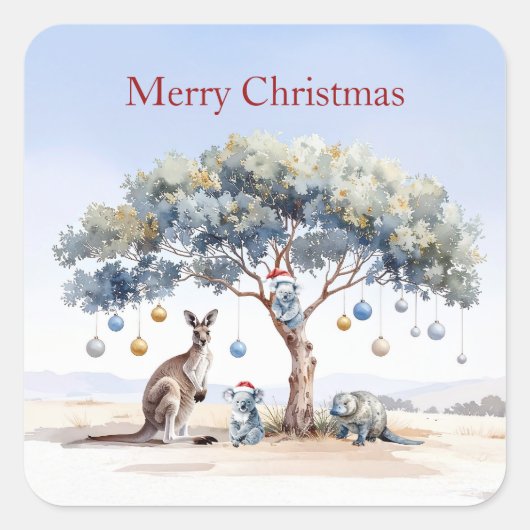 Kangaroo Koalas Platypus Christmas Gumtree Baubles スクエアシール (正面)
