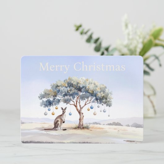 Kangaroo under gumtree with Christmas baubles シーズンカード (スタンド正面)