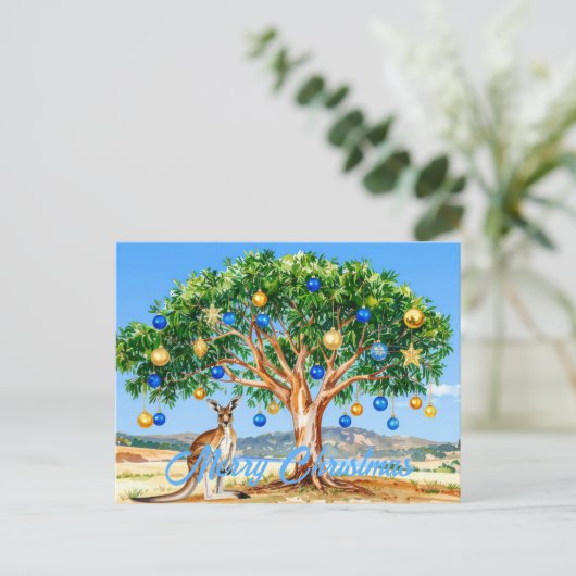 Kangaroo under gumtree with Christmas baubles ポストカード (スタンド正面)