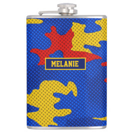 Kansas Blue Red Yellow Vibrant Camo Pattern フラスク