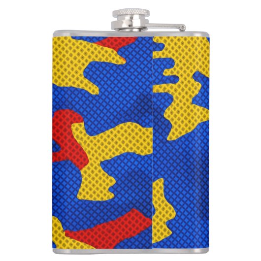 Kansas Blue Red Yellow Vibrant Camo Pattern フラスク (裏面)