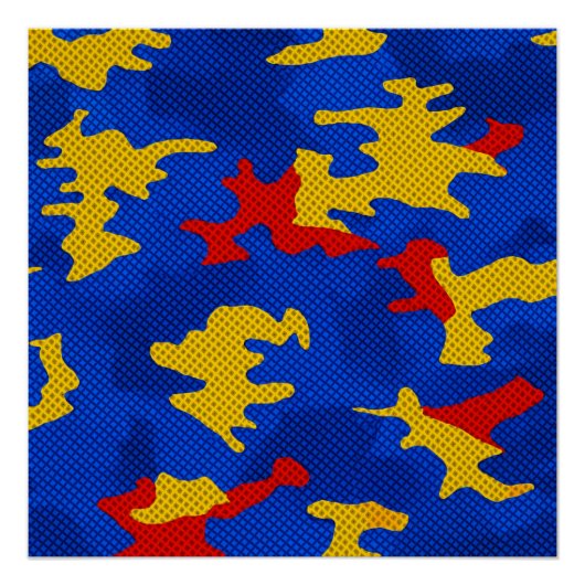 Kansas Blue Red Yellow Vibrant Camo Pattern ポスター (正面)