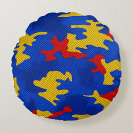 Kansas Blue Red Yellow Vibrant Camo Pattern ラウンドクッション
