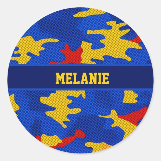 Kansas Blue Red Yellow Vibrant Camo Pattern ラウンドシール (正面)