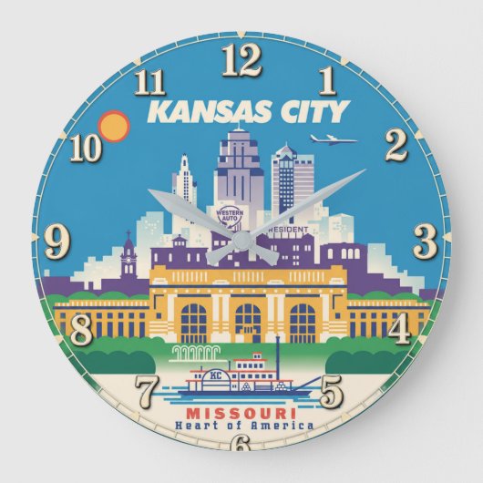 Kansas City Missouri Art Deco Travel Poster  ラージ壁時計 (正面)