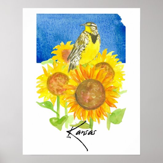 Kansas State Shape Meadowlark Sunflowers  ポスター (正面)