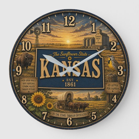 Kansas State Sunflower State Rustic Farmhouse ラージ壁時計 (正面)