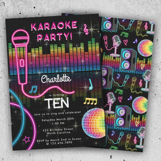 Karaoke Neon Glow Birthday Singing Music Party  招待状